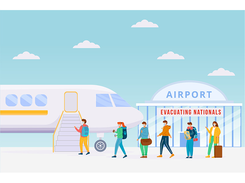 Emergency airplane evacuation flat color vector illustration