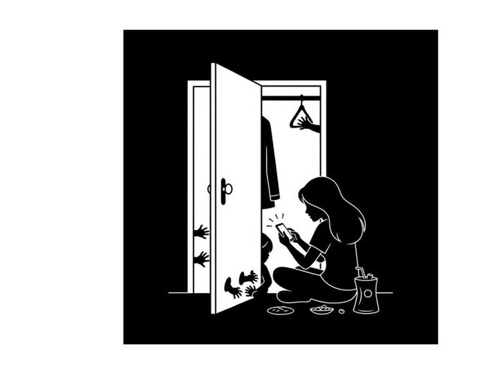 Silhouette of a woman sitting in front of an open closet