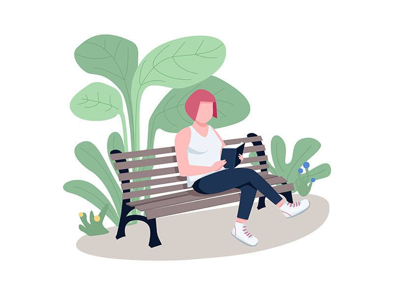 Girl reading book in park flat color vector faceless character