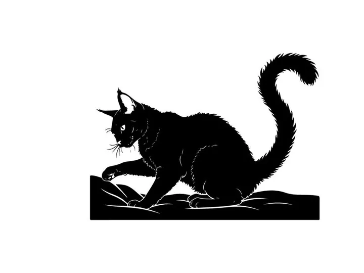 Black silhouette cat crouching low with tail up