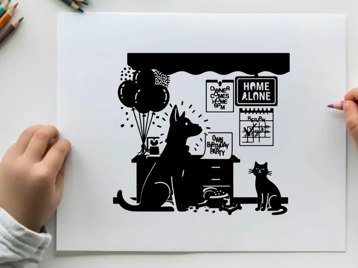 Silhouette of dog and cat home alone with balloons