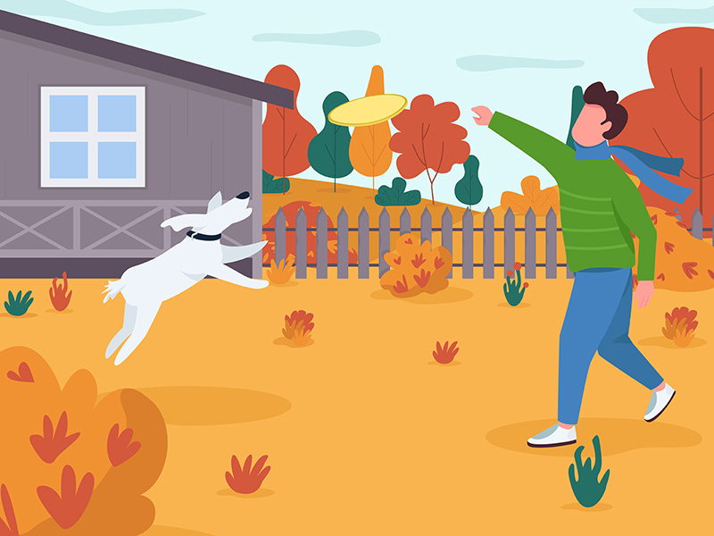 Owner play with dog semi flat vector illustration