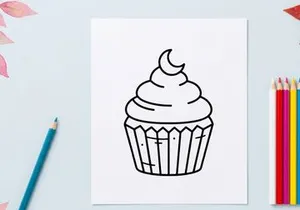 Hand-drawn cartoon cupcake with swirl frosting and crescent moon topping. Whimsical dessert illustration for baking, celebration, or sweet treat de...