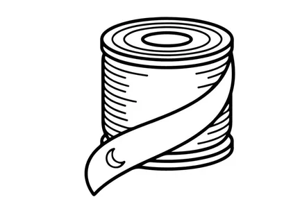 Spool of ribbon with moon icon. Decorative fabric roll for sewing and craft projects.