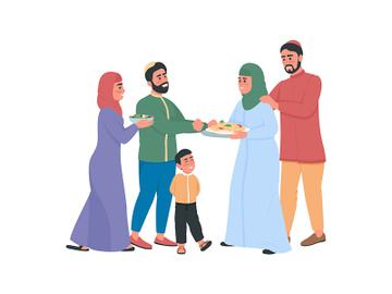 Happy arabian families exchanging food flat color vector faceless characters preview picture