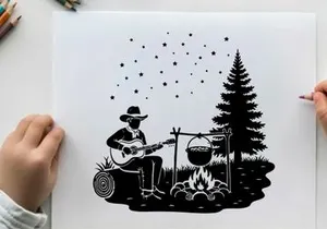 Silhouette of a man playing guitar by campfire silhouette