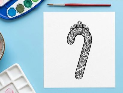 Adorno navideño de bastón de caramelo decorativo con patrón de arte lineal zentangle floral intrincado