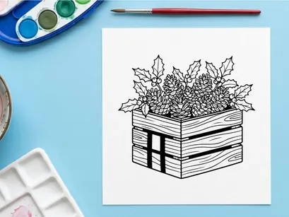 Christmas wooden crate with pine cones and holly leaves line art illustration