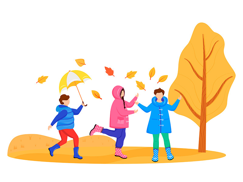 Children in raincoats flat color vector faceless character