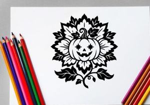 Halloween Pumpkin Face Illustration with Floral Design