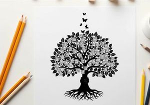 Silhouette of tree with roots and butterflies flying upwards from silhouette