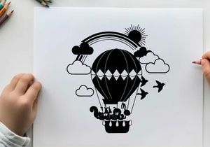 Hot air balloon silhouette with rainbow and clouds scene