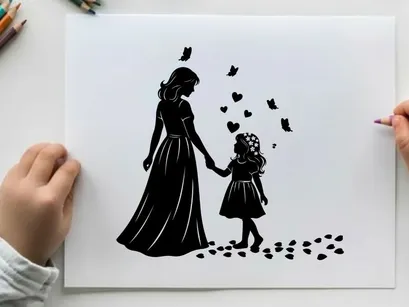 Silhouette of mother and child holding hands with hearts