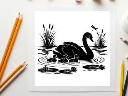 Mother swan and cygnets in pond silhouette