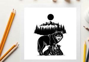Silhouette of a wolf and her pups in front of a mountainous landscape silhouette