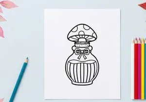 Hand-drawn vintage Halloween mushroom jar illustration. Whimsical cartoon toadstool container with ribbon for spooky decor.