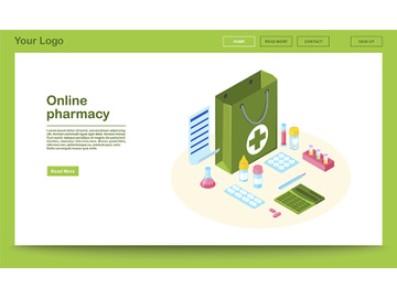 Online pharmacy website isometric template preview picture