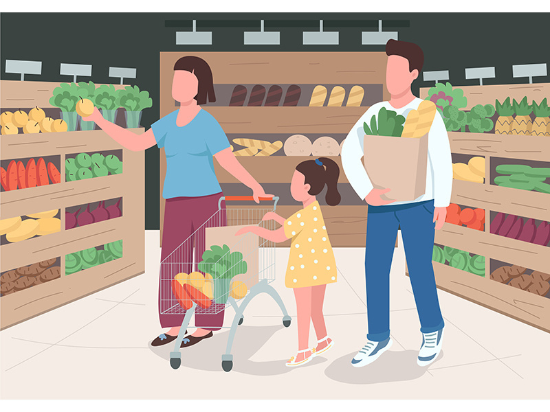 Family in supermarket flat color vector illustration