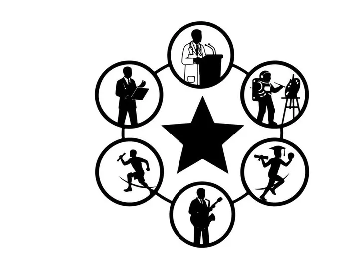 Silhouette of people in various professions around a star
