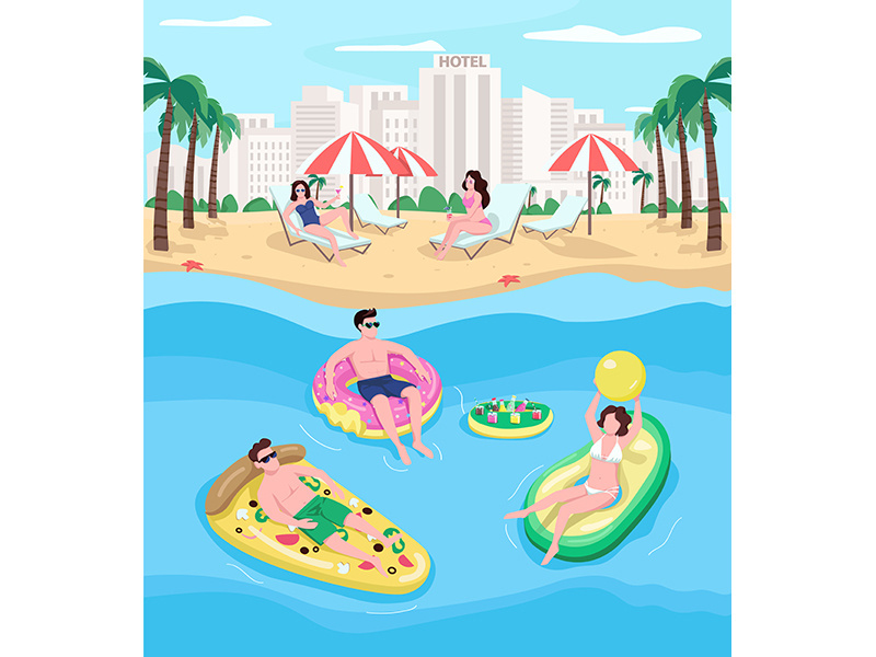 People resting at seaside resort flat color vector illustration