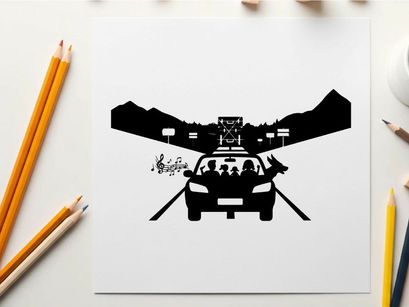 Silhouette of a family on a road trip with mountains in the background silhouette