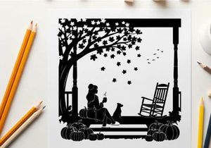 Silhouette of woman and dog on porch with autumn leaves