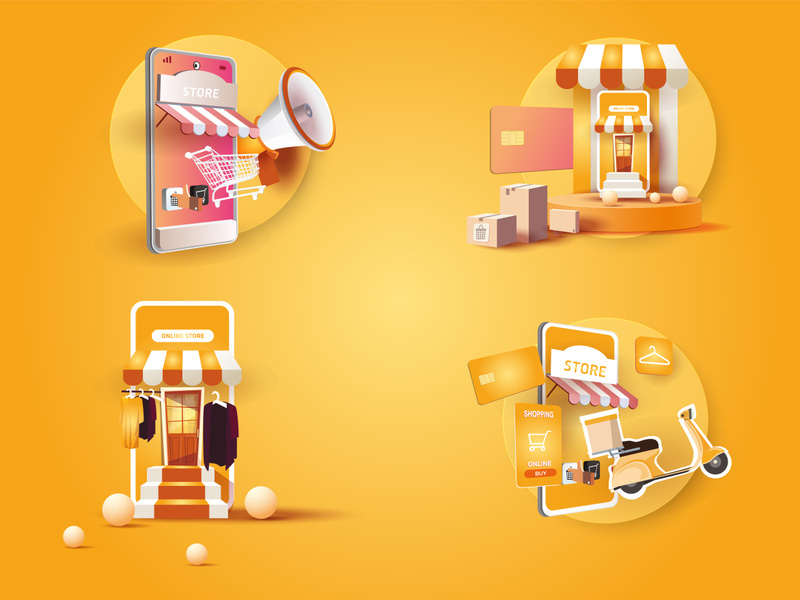 Collection e-commerce buy app, shop phone 3d mobile, store sale application online.
