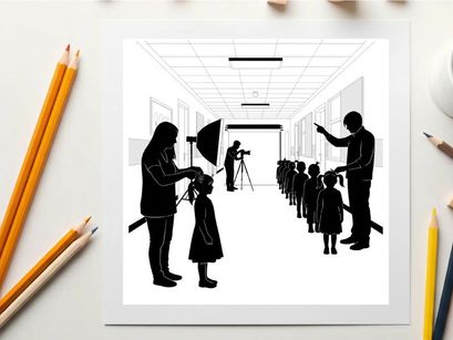 Silhouette of a line of children with adults in a hallway setting