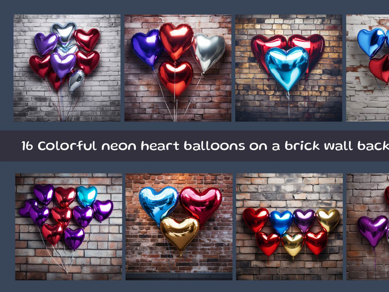 Colorful neon heart balloons on a brick wall background