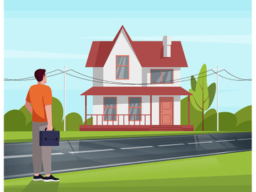 Man delighted by renovated house with new windows semi flat vector illustration preview picture