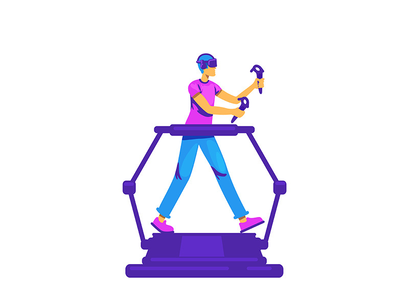 Man on VR treadmill flat color vector faceless character