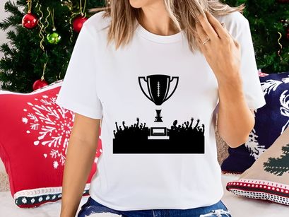 Championship trophy award for american football winners with cheering crowd