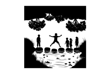 Children playing on stepping stones in silhouette