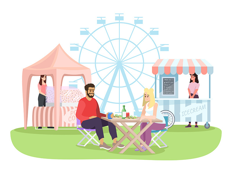 Couple at summer fun fair outdoor cafe flat illustration