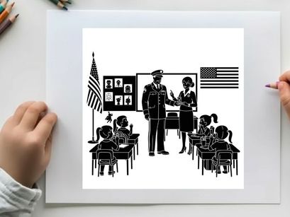 Police officer visits classroom with teacher and students in silhouette