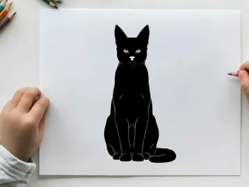 Black cat silhouette sitting upright facing forward preview picture