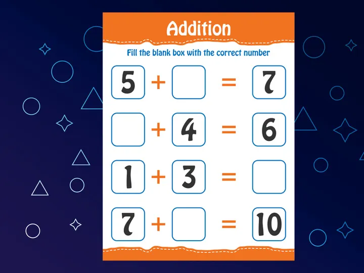 Basic math addition for kids. Fill the blank box with the correct number. Worksheet for kids