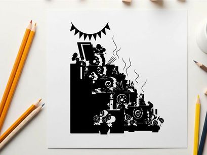 Silhouette of a decorated staircase with plants and banners