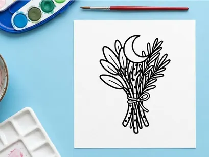 Handgezeichnete Olivenzweig-Bouquet mit Halbmond. Gruselige herbstliche botanische Illustration für saisonale Deko und Einladungen.