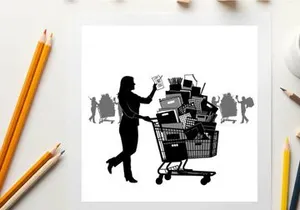 Silhouette of woman pushing overloaded shopping cart with groceries and household items