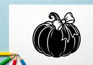 Black and White Halloween Pumpkin Illustration with Bow