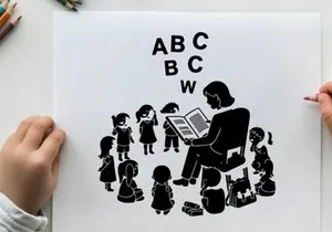 Silhouette of teacher reading to children in classroom setting silhouette