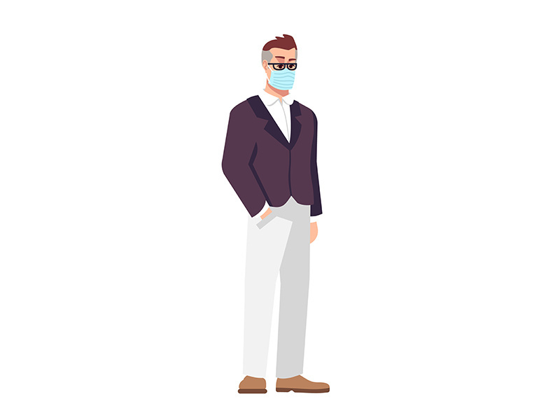 Businessman in surgical mask semi flat RGB color vector illustration