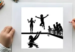 Silhouette of children playing and jumping into a swimming pool