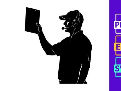 A silhouette of a man in a baseball cap holding a tablet and wearing a headset