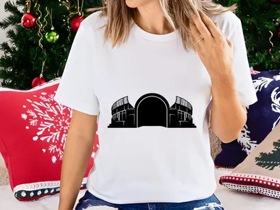 A black and white illustration of a large building with an arched entrance