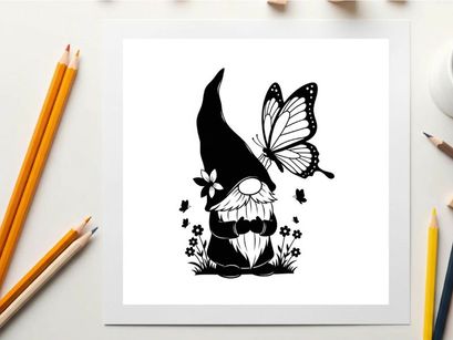 Black silhouette gnome with butterfly and flowers