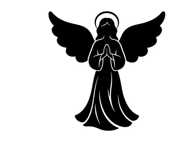 Silueta negra de un ángel en oración con alas y halo aislado sobre fondo blanco