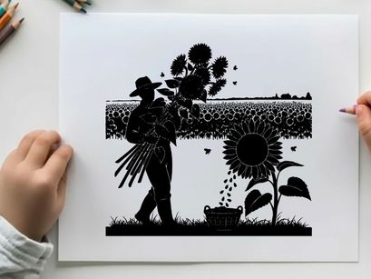 Silhouette of a farmer planting sunflowers in a field at sunset