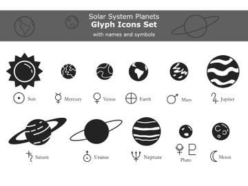 Solar system black solid planets with names and symbols set preview picture